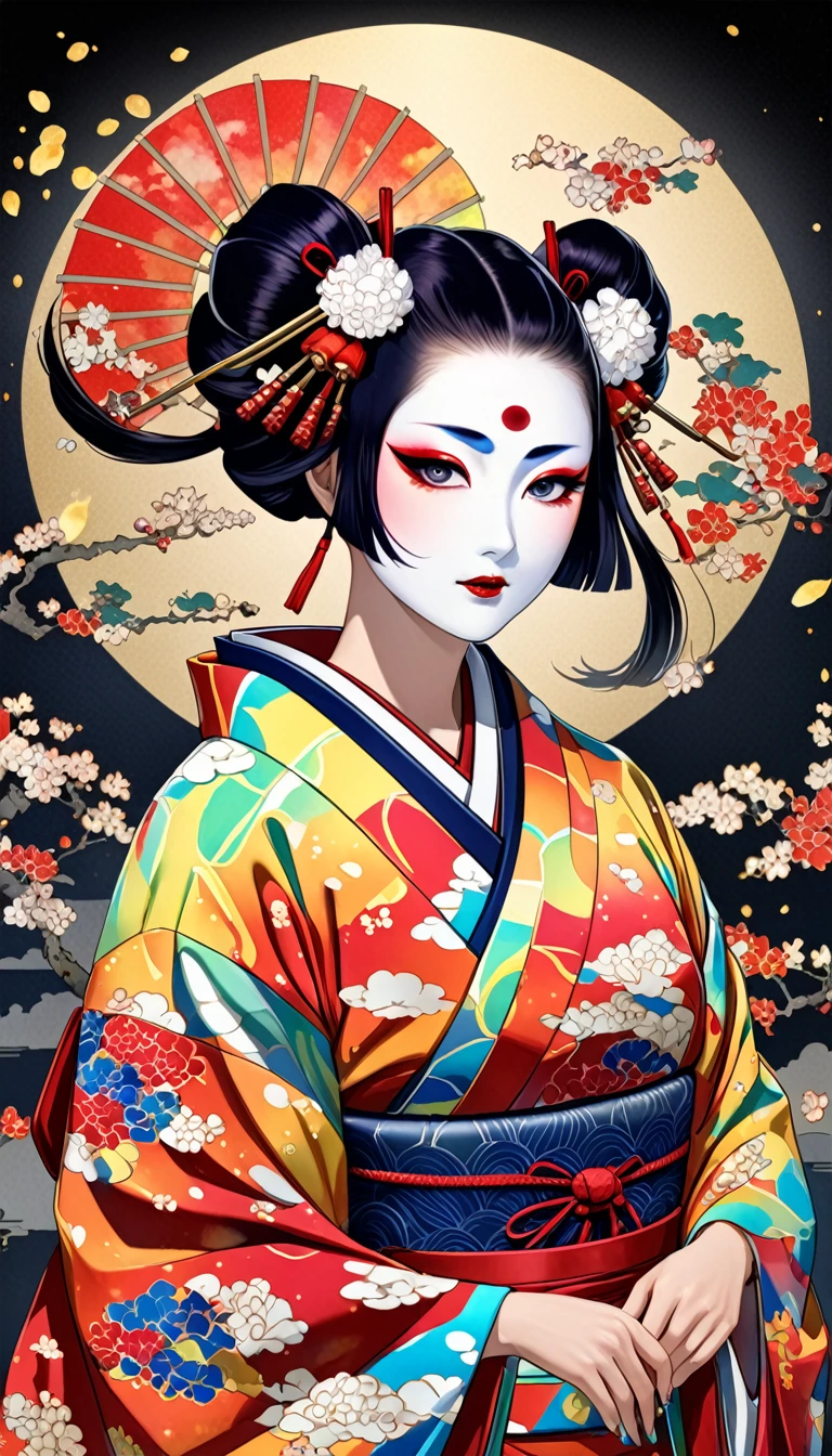 kabuki, kabuki make-up, Ukiyo-e, Japanese painting, woodblock print, attractive and seductive expression, twin-tails, wearing opened rainbow colorful Japanese kimono, background painted with a fusion of oil and watercolor iridescent stained glass, conceptual installation art, (ultra detailed, absolutely resolution, best quality:1.3), 2.5D, delicate and dynamic effects, glitter gold dust effects, artistic photography, hyper realistic, graphic CG digital art