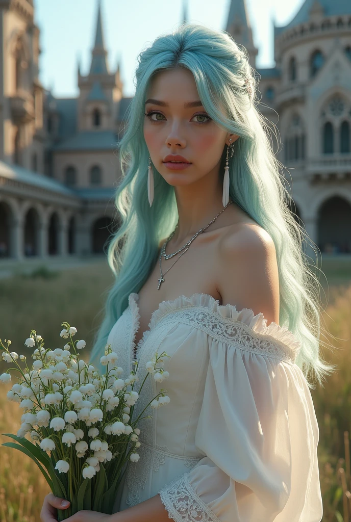 ((Masterpiece, Best Quality, Highest Image Quality, High Resolution, Photorealism, RAW Photos, 8k)), A beautiful woman, 20 years old female, pale skin, fine feature, soft feature, young face, oval face, lightly smile, straight long hair, blue haired, hair flying in the wind, show forehead, silver cross necklace, long feather earrings, white wedding dress, Medieval style, off shoulders, lily-of-the-valley bouquet. Outdoors, daytime, sunlight, in the circus, gothic architecture, Christmas.
