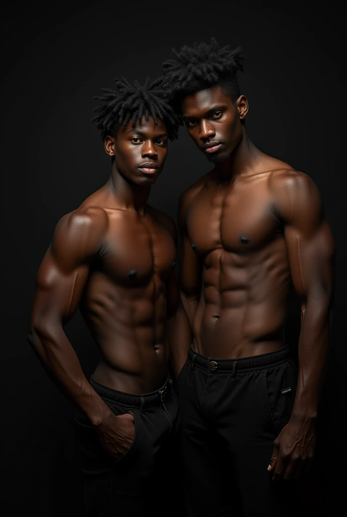 2 young man with dark skin, slim man with strong arms showing his half naked body in a dark room,
