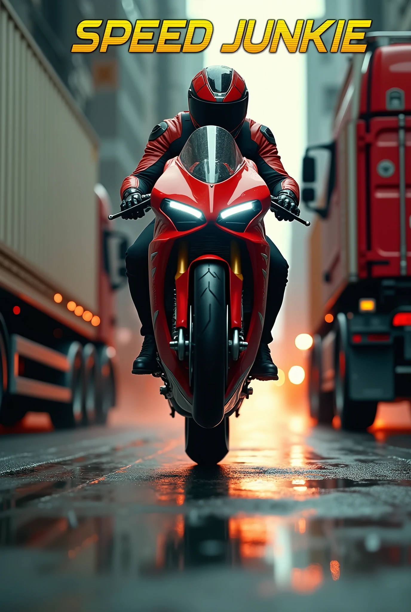 A highly detailed, futuristic, high speed action seen, 3D text "SPEED JUNKIE" centered at the top of the page, a rider on a Ducati Panigale v4 popping wheelie with the front wheel being a good 2 feet off the ground riding between two lorries, extremely dangerous situation, high speed chase, adrenaline, motion blur, low angle, dramatic lighting, cinematic composition, gritty urban environment, moody atmosphere, vibrant colors, hyper-realistic, award winning photography, masterpiece, (best quality,4k,8k,highres,masterpiece:1.2),ultra-detailed,(realistic,photorealistic,photo-realistic:1.37)