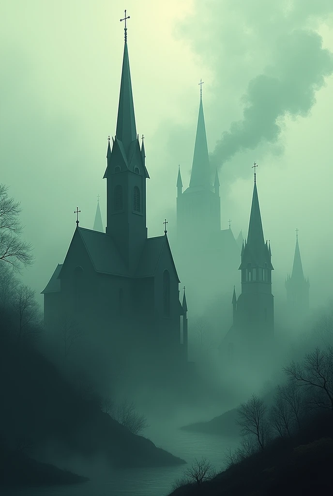 Several churches in one image with smoked lines 

