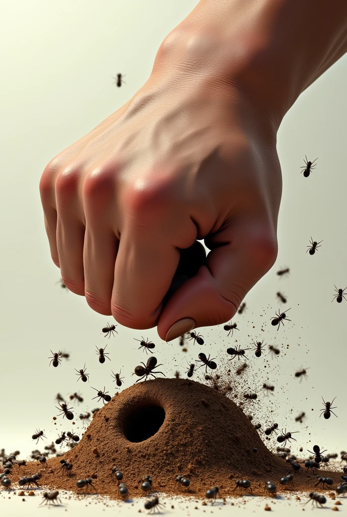 A powerful hand beats on the ant nest full of ants, some ants are shocked, some ants are fighting, the golden ratio of picture composition, reflecting the antagonism of hands and ants, fierce fighting, vertical composition. Realistic style, 3D quality