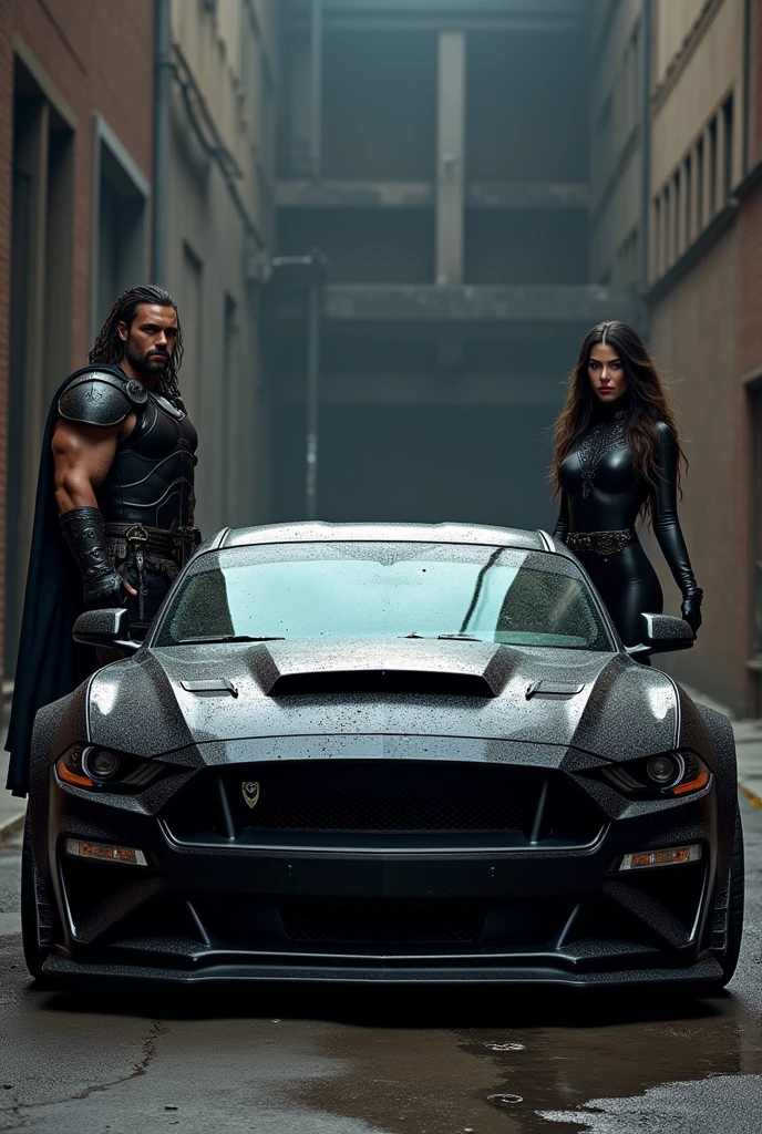 A 2018 model black Mustang Cobra tuned to the top with a man dressed as a warlord and a woman dressed as a Bellaka and a black Challenger SRT 