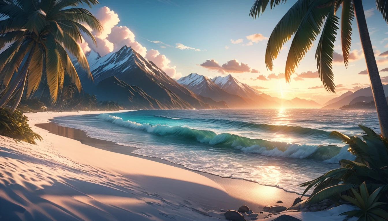 Snowy landscape theme, a beautiful beach scene in summer, Idyllic tropical paradise, crystal clear turquoise ocean waves, soft white sand, lush palm trees, dramatic sky with fluffy clouds, golden illumination of sunset time, serene reflection of snow-capped mountains in the calm sea, dramatic contrast of cold and heat, photorealistic, 8k, hyperdetailed, cinematographic, masterpiece
