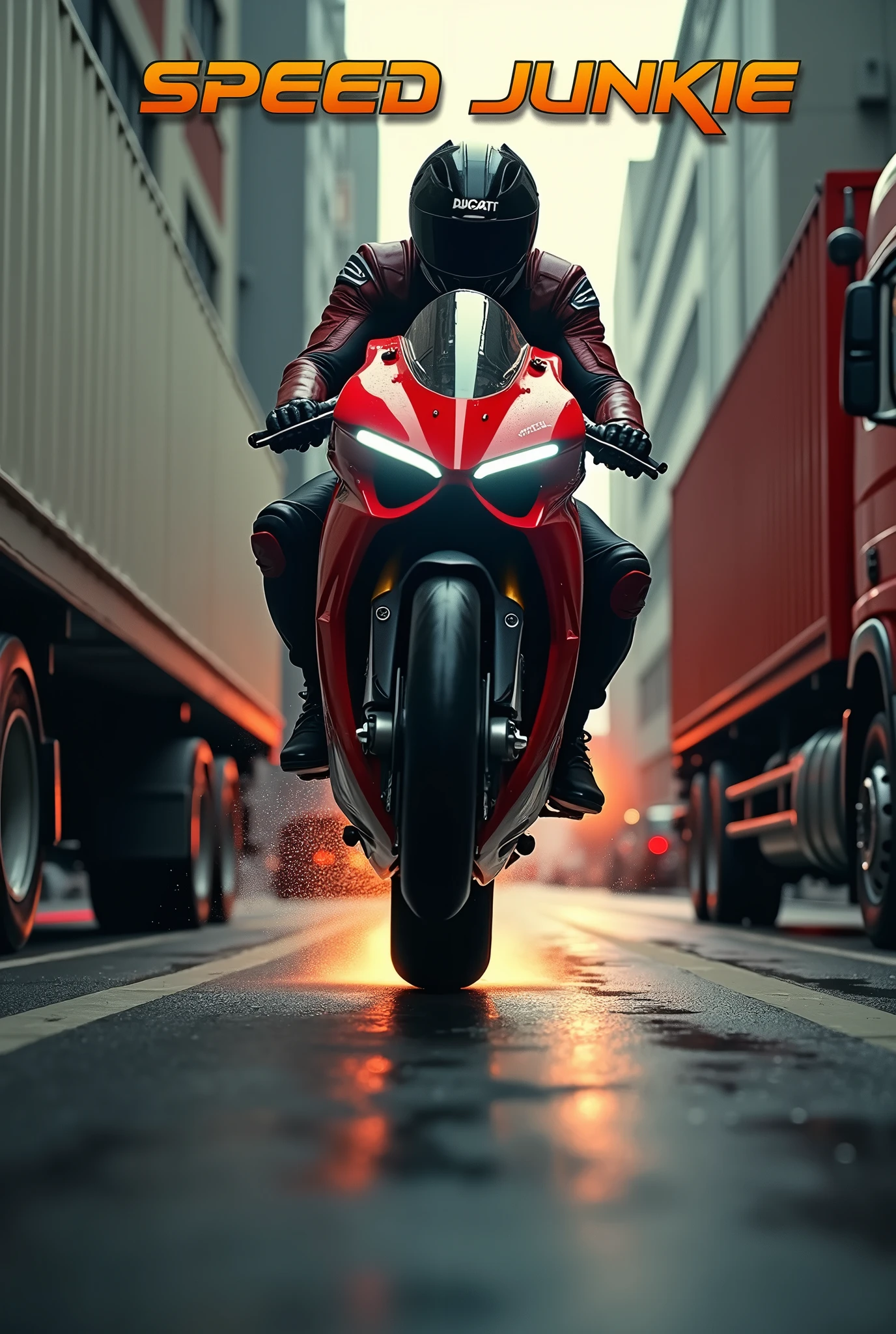 A highly detailed, futuristic, high speed action seen, 3D text "SPEED JUNKIE" centered at the top of the page, a rider on a Ducati Panigale v4 popping wheelie with the front wheel being a good 2 feet off the ground riding between two lorries, extremely dangerous situation, high speed chase, adrenaline, motion blur, low angle, dramatic lighting, cinematic composition, gritty urban environment, moody atmosphere, vibrant colors, hyper-realistic, award winning photography, masterpiece, (best quality,4k,8k,highres,masterpiece:1.2),ultra-detailed,(realistic,photorealistic,photo-realistic:1.37)