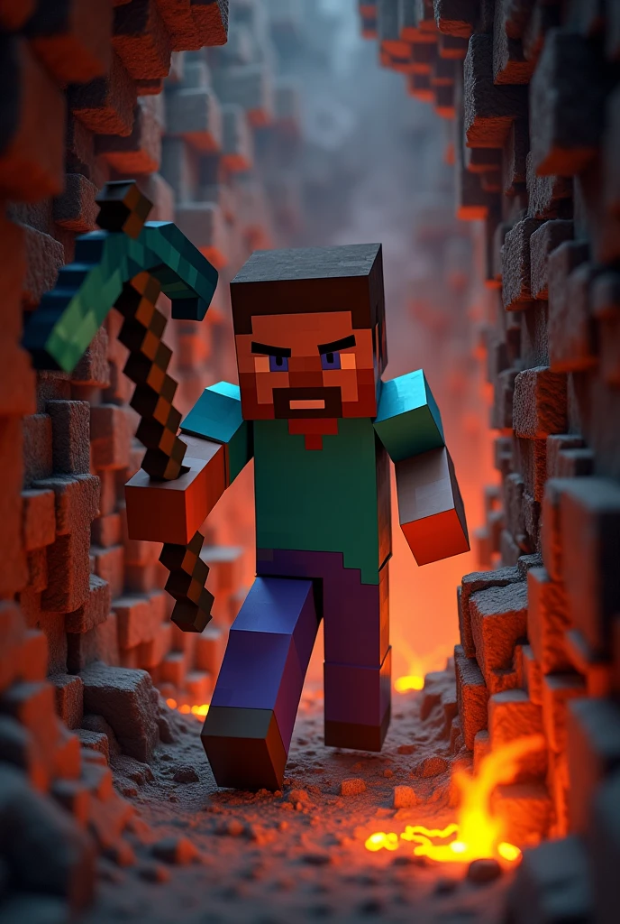 Scared Minecraft Steve mining diamond near lava