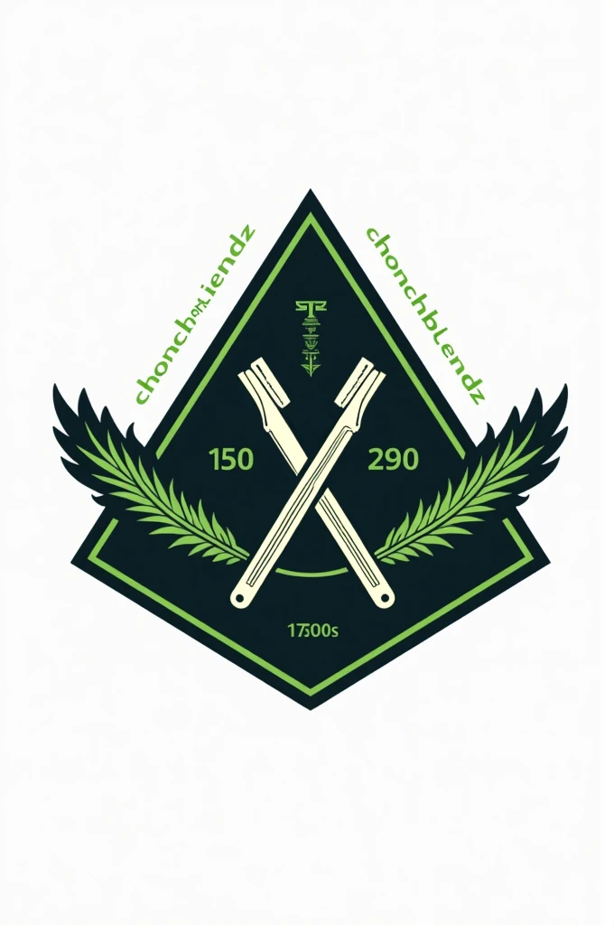 Create a flat vector, illustrative-style emblem logo design for 'ChonchBlendz' established in 2020 , featuring a triangular shaped badge with modern straight razors crossed in the center of the company name. Use neon green and black colors to convey trust, premium service and a luxury experience against a white background.