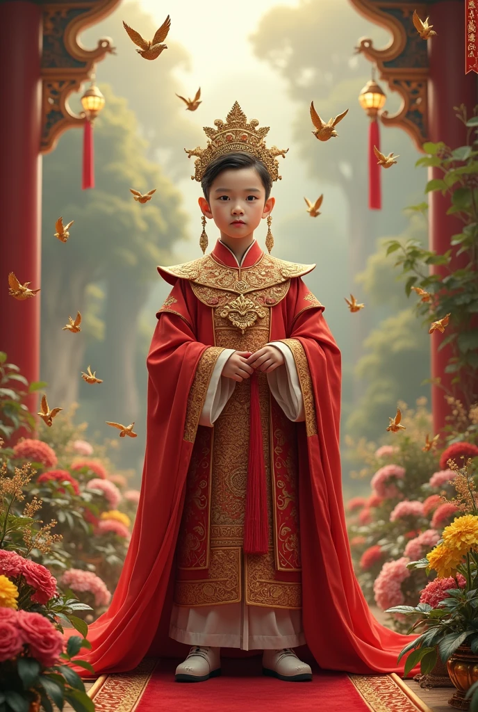 (photorealism:1.2), chinese BOY king , in a big Garden , with many Gold and rubis and Angels