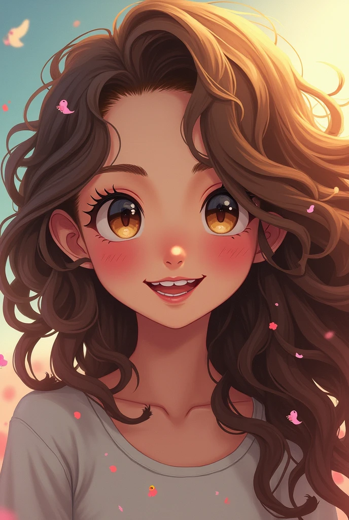 Pokemon style girl with long curly brown hair