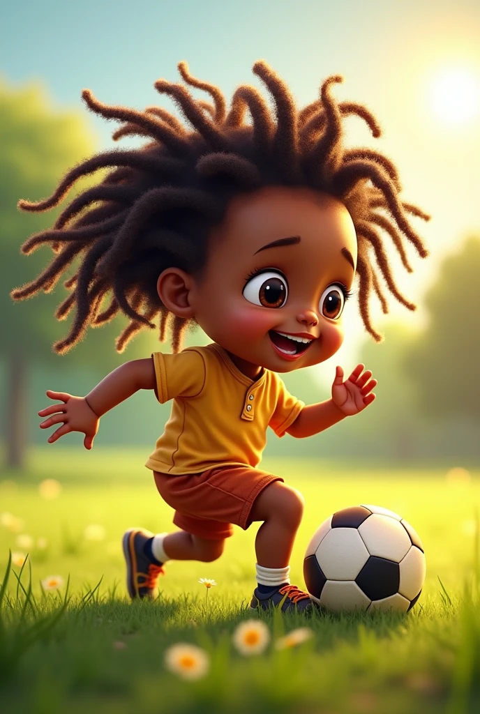 Make a baby playing football and put a title called baby dreadlocks