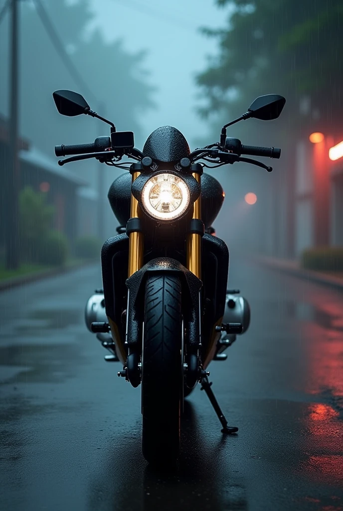 A modified GT 650 parked in the rain with fog showing its front side 