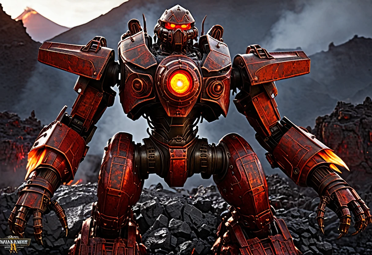 a giant death robot, a lava spewing demon engine from warhammer 40k, red paint, bronze metal, lava cannons, scorpion theming, bronze buddha statue head, volcano setting, intricate machinery, glowing lava, photorealistic, highly detailed, 8k, masterpiece, cinematic lighting, concept art style