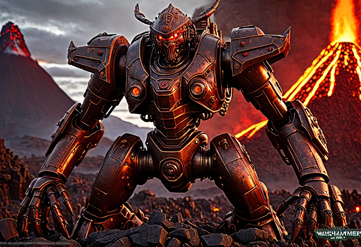 a giant death robot, a lava spewing demon engine from warhammer 40k, red paint, bronze metal, lava cannons, scorpion theming, bronze buddha statue head, volcano setting, intricate machinery, glowing lava, photorealistic, highly detailed, 8k, masterpiece, cinematic lighting, concept art style