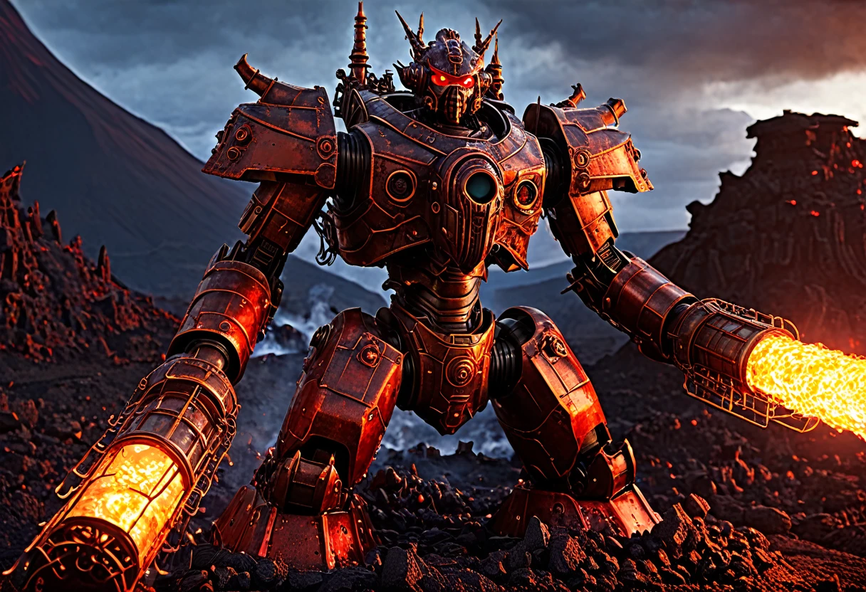 a giant death robot, a lava spewing demon engine from warhammer 40k, red paint, bronze metal, lava cannons, scorpion theming, bronze buddha statue head, volcano setting, intricate machinery, glowing lava, photorealistic, highly detailed, 8k, masterpiece, cinematic lighting, concept art style