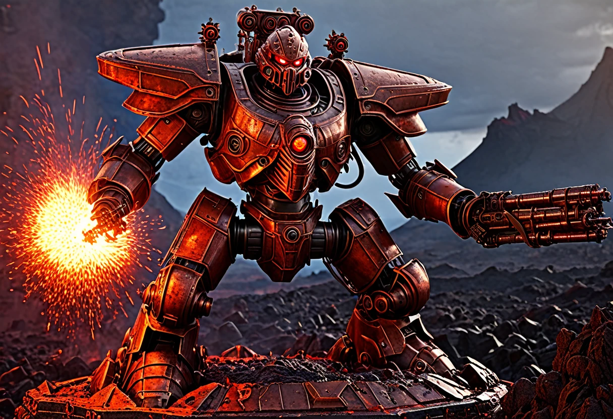 a giant death robot, a lava spewing demon engine from warhammer 40k, red paint, bronze metal, lava cannons, scorpion theming, bronze buddha statue head, volcano setting, intricate machinery, glowing lava, photorealistic, highly detailed, 8k, masterpiece, cinematic lighting, concept art style