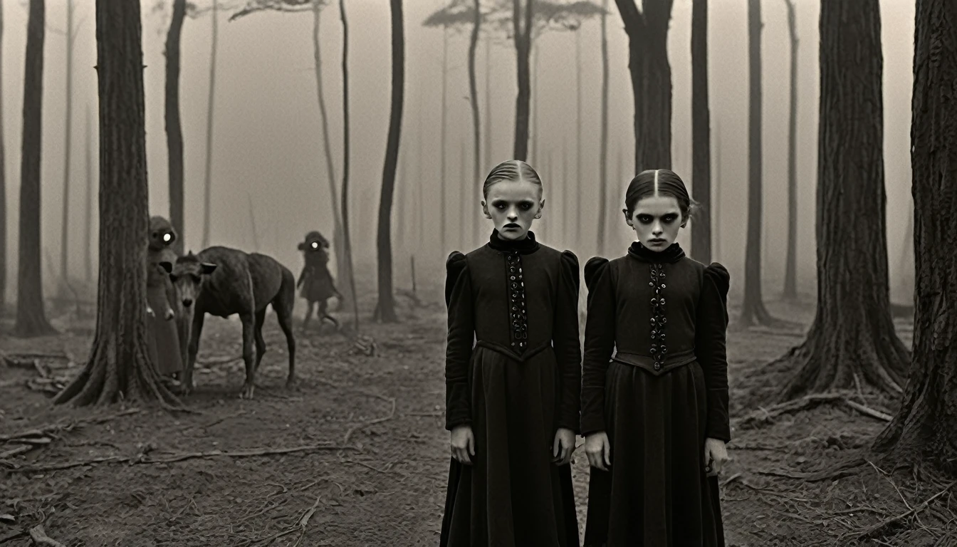 A ((Very old photograph in sepia tones only, monochrome)) surreal, surreal, 20s style image featuring three weird children with pale skin and striking facial features, including high cheekbones and dark, dramatic makeup. Both children are dressed in black Victorian-era clothing. They are standing with their backs to a ((furry bogeyman, large-eyed creature that is holding a rectangular object studded with nails between them.)) The background is a desolate, misty forest with strangers trees, adding to the eerie and spooky atmosphere of the scene. Horror, Vintage, photorealistic, early science fiction, Intricate Details, inspired by Fritz Lang, Directed by Fritz Lang. Retrofuturism, 1920s, Old sci-fi film, ((motion picture film)), Ultra detailed, Chiascuro, Intricate, Sharp focus, Studio photography, Highly detailed, Photorealistic style, Hyperrealistic, High dynamic range, B&W, Realistic textures, 8K UHD, Nikon D 850, Kodak Portra 400, Fujifilm XT, ((3D rendering.))