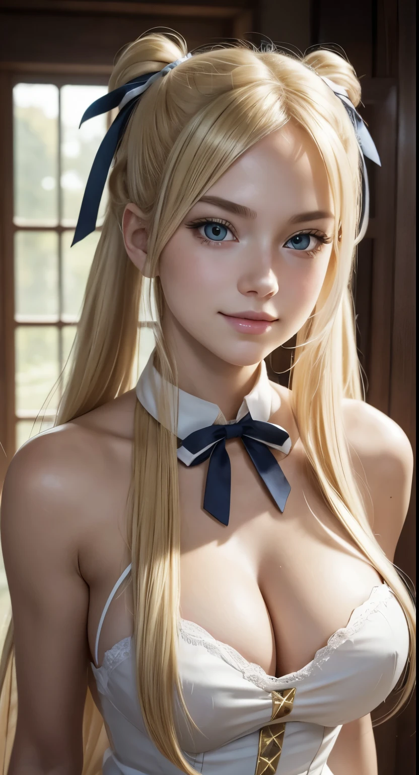 angela balzac costume, blonde eyes, pale skin, blonde hair, twintails, very long hair, hair ribbon, tsurime, Hyperrealism, Realism, UHD, anatomically correct, masterpiece, textured skin, accurate, high quality, highres, best quality, 8k, cheeky smirk, gleaming eyes, sunny disposition, Joyful glow, front view, big breasts, , 1girl, solo, teenage, perfect face,