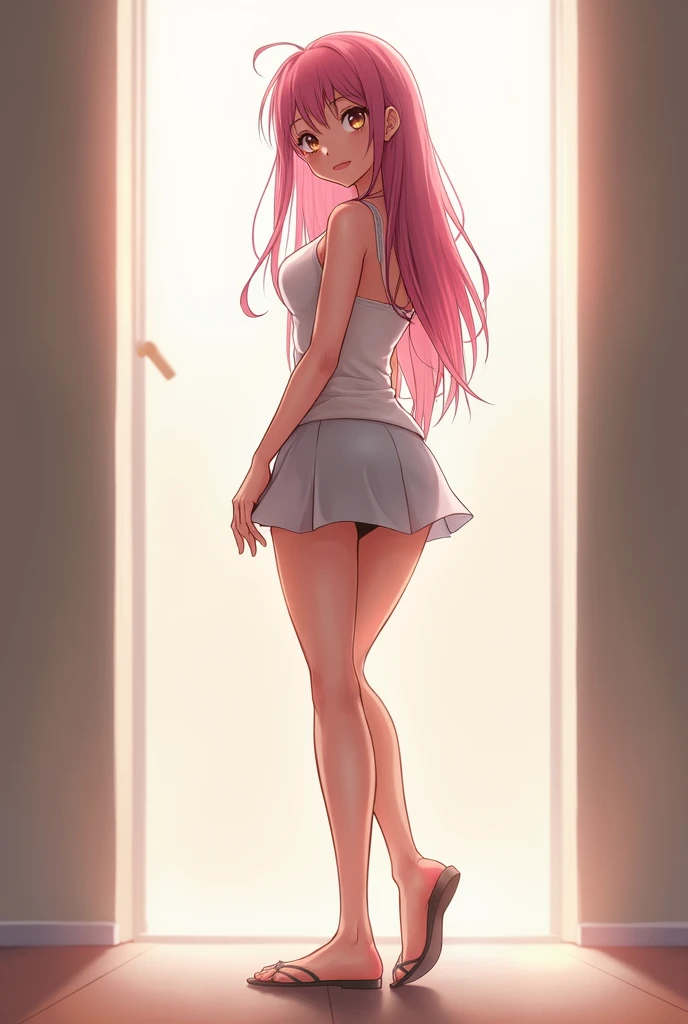 Generates an anime girl showing her legs with flat shoes showing her nipples