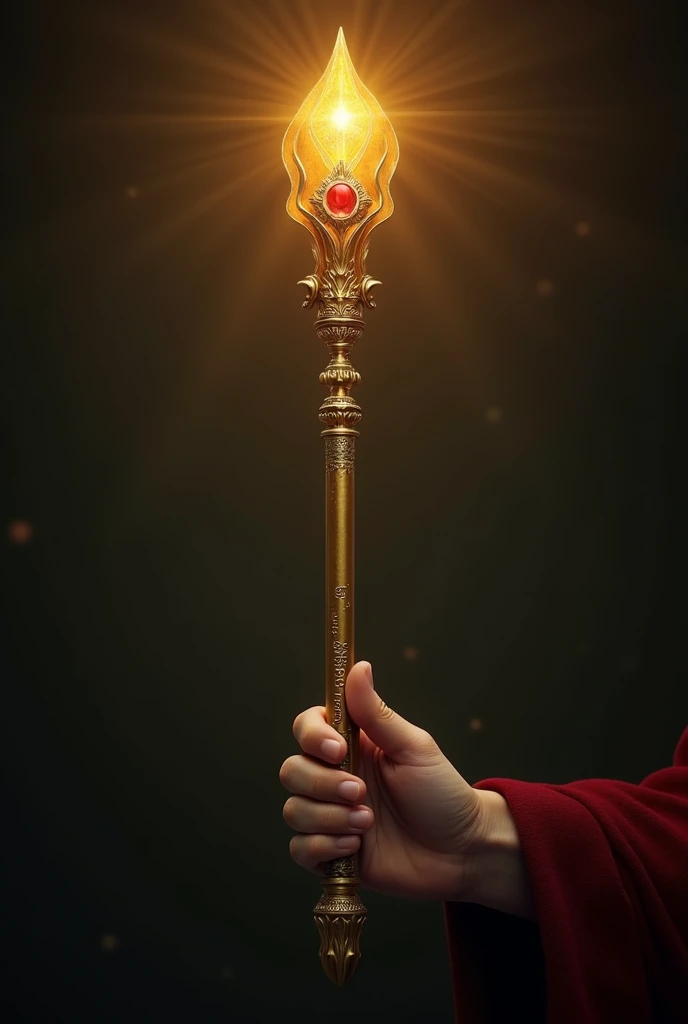 Golden magic staff-like wand with a small red ruby crystal on the tip