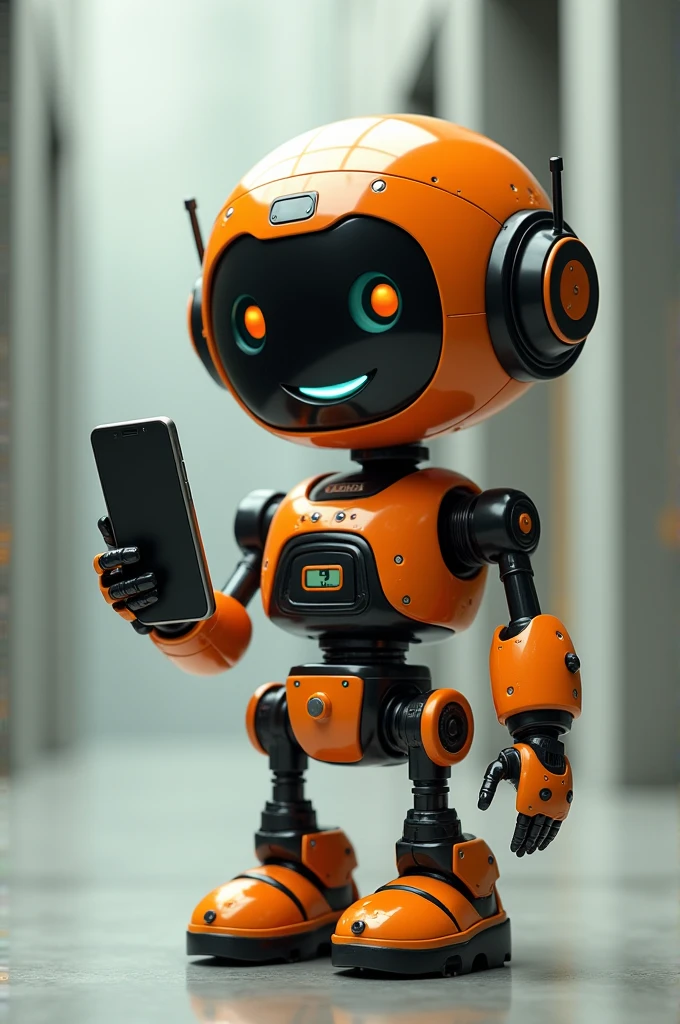 A small, smiling retro robot in orange and black colors holding a modern cell phone