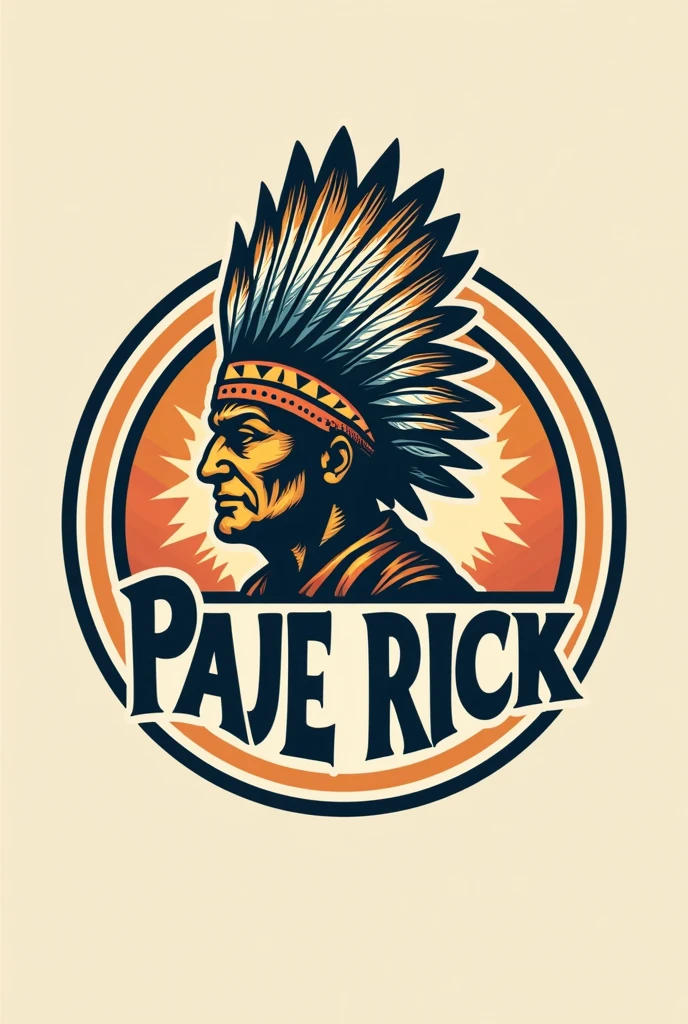 Create a round logo with the name Pajé Rick and a feather headdress above the letter P