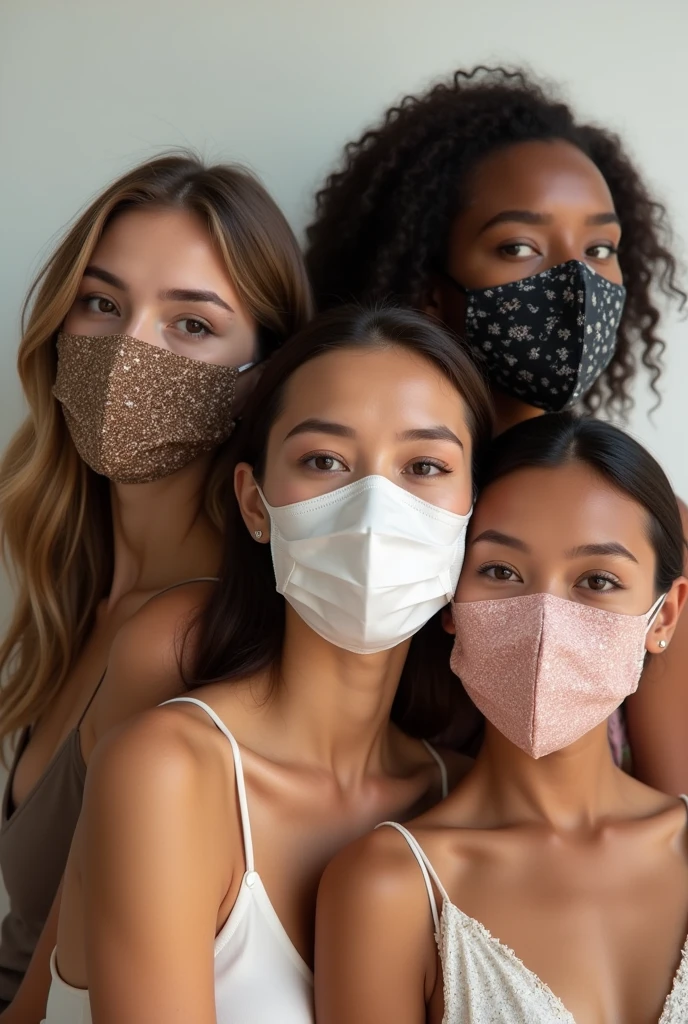 Aesthetic and creative Banner of four real models with applied different face masks like coffee,charcoal,rose,rice mask