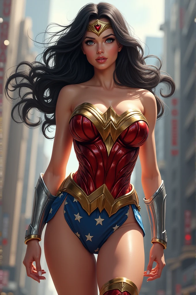 fanart, Wonder Woman, (Intricate Details, Makeup), (Delicate and Beautiful Delicate Face, Delicate and Beautiful Delicate Eyes, Face with Perfect Proportions), (Realistically shiny Skin:0.8), Delicate Skin, Strong and Realistic Blue Eyes, Realistic Black Hair, Lips, Makeup, Natural Skin Texture, tiara, red and gold bustier, blue leotard with white stars, ((silver gauntlet:1.2)), ((Red knee high boots:1.2)) golden belt, (Wonder Woman clothing:1.1), bare shoulders, mature, sexy, elastic muscles, (muscles:1.2), ((strong and healthy body)), long legs, curves, (big breasts:1.3), thin waist, soft waist, (delicate skin), (beautiful and sexy woman), (swollen lips:0.9),(swollen lips:0.9), (eyelashes:1.2), (long wavy black hair:1.1), feminine, detailed body, (detailed face:1.1), perfect body, perfect anatomy, perfect details, perfect fingers, Perfect limbs, thigh gap, mature, sexy, thick thighs, wide buttocks, (Sexually sedentary), background render,floating in the air, city background