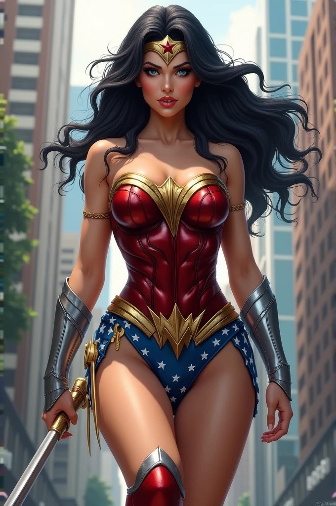 fanart, Wonder Woman, (Intricate Details, Makeup), (Delicate and Beautiful Delicate Face, Delicate and Beautiful Delicate Eyes, Face with Perfect Proportions), (Realistically shiny Skin:0.8), Delicate Skin, Strong and Realistic Blue Eyes, Realistic Black Hair, Lips, Makeup, Natural Skin Texture, tiara, red and gold bustier, blue leotard with white stars, ((silver gauntlet:1.2)), ((Red knee high boots:1.2)) golden belt, (Wonder Woman clothing:1.1), bare shoulders, mature, sexy, elastic muscles, (muscles:1.2), ((strong and healthy body)), long legs, curves, (big breasts:1.3), thin waist, soft waist, (delicate skin), (beautiful and sexy woman), (swollen lips:0.9),(swollen lips:0.9), (eyelashes:1.2), (long wavy black hair:1.1), feminine, detailed body, (detailed face:1.1), perfect body, perfect ???????, perfect details, perfect fingers, Perfect limbs, thigh gap, mature, sexy, thick thighs, wide buttocks, (Sexually sedentary), background render,floating in the air, city background