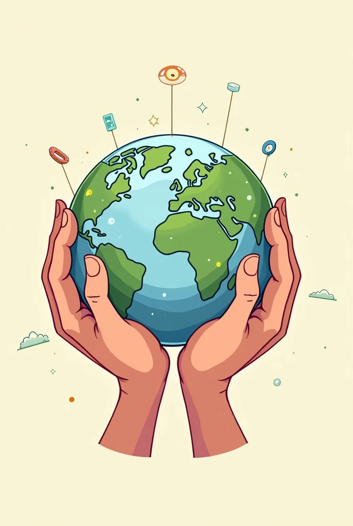 a cartoon image of a two hands of a human holding a technology globe
