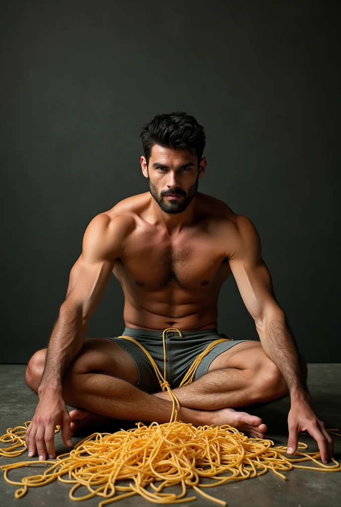 A man with no clothes at all, with a hairy and athletic body, 30 years old with beautiful appearance, sitting on the floor with his legs open and full of noodles all over his body