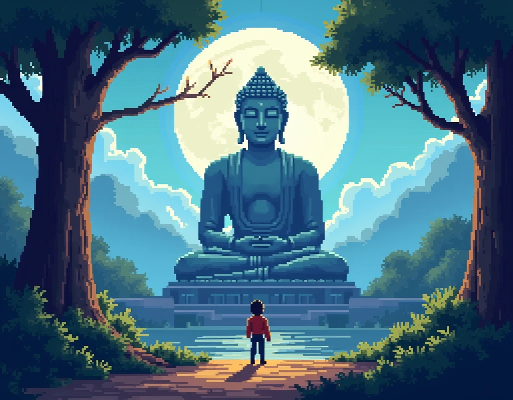 16bit pixel game art, a side-scrolling platformer game set in a vibrant pixelated world. An adventurer encounters a giant Buddha statue composed of simple geometric shapes and lines, rendered in classic pixel art style. The statue towers over the majestic nature landscape with temple architecture. Moonlight streams through trees, casting long shadows across the scene.