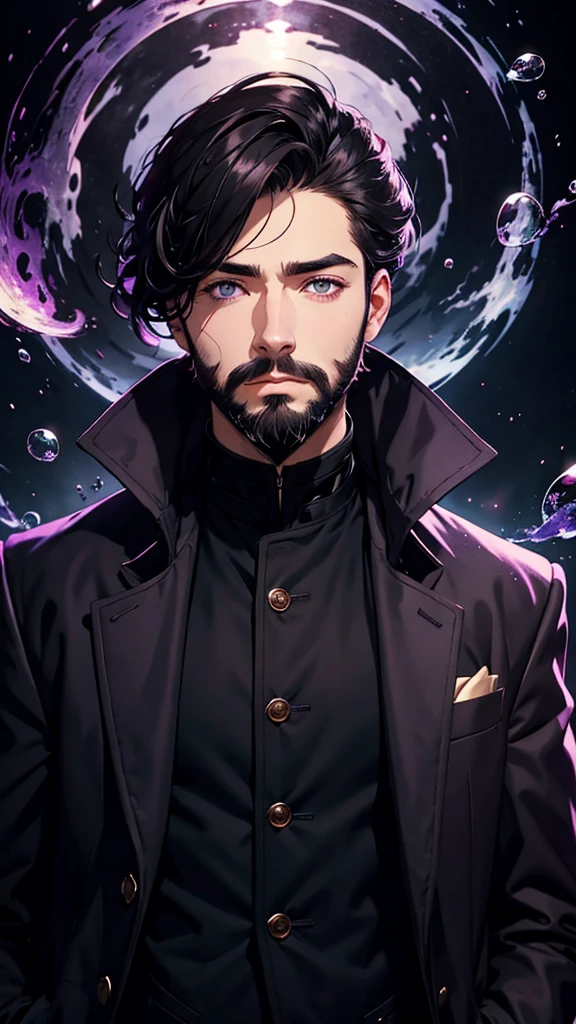 standing alone, 1 boy with beard, brunette skin, purples eyes, in a coat, black bubble hair, looking ahead at viewer, portraite, half-closed eyes, shorth hair, cloused mouth