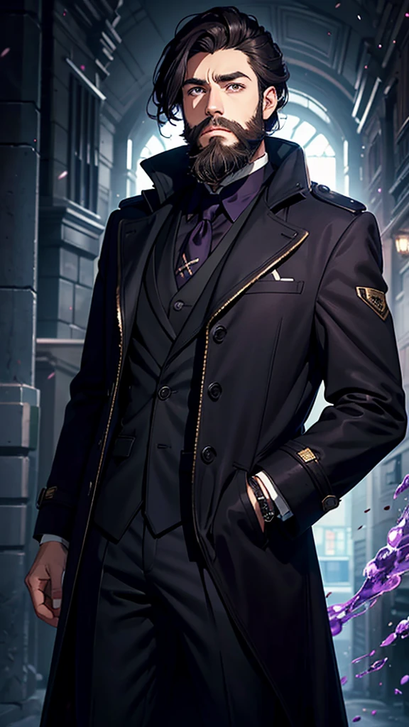 standing alone, 1 boy with beard, brunette skin, purples eyes, in a coat, black bubble hair, looking ahead at viewer, portraite, half-closed eyes, shorth hair, cloused mouth