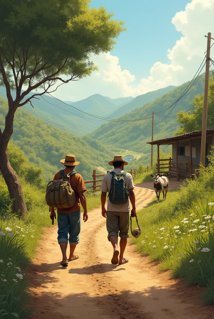 Recreate the following stanza in a realistic and contextualized way in Latin American country life:
A farmer brings his work tools and his backpack along a path:
Another farmer brings sandals and comes without a hat looking for a cow with her calf to milk next to the corral..