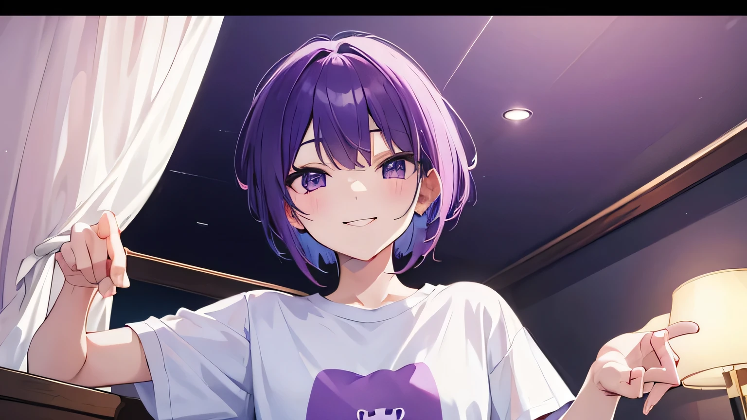 (T Masterpiece，4K wallpaper，Best Quality))、((１people))、(solo)、Bright and Brilliant，(Purple Hair)、(short hair:1.3)、smile、Bedroom、T-Shirts、night