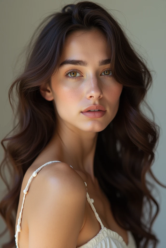 Brunette Model, curled hair, semi new