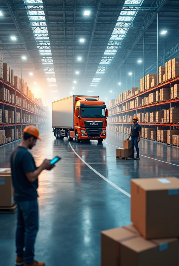 transport: A cargo truck moving on a highway or at a loading port.
Storage: A large modern warehouse with shelves full of products.
Distribution: A worker packaging products for distribution.
Inventory management: An employee scanning products in a warehouse with a barcode gun.