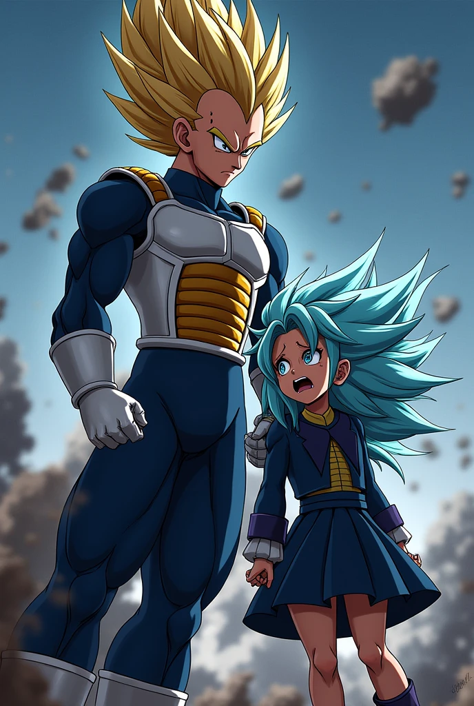 Vegeta's hair is standing on end. He was wearing a dark blue suit and on top of it the typical armor that Saiyans wear. against his daughter Bura, right, Dragon Ball GT Bura, girl with light blue hair, blue eyes, dark blue suit, typical armor used by Saiyans, loose hair, bangs, headband, hurt, blood, wounded, pain, father and daughter.