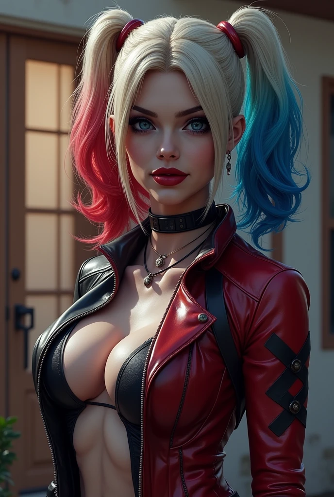 Marvel's Domino naked with semen on her breasts in front of the Harley Quinn's house