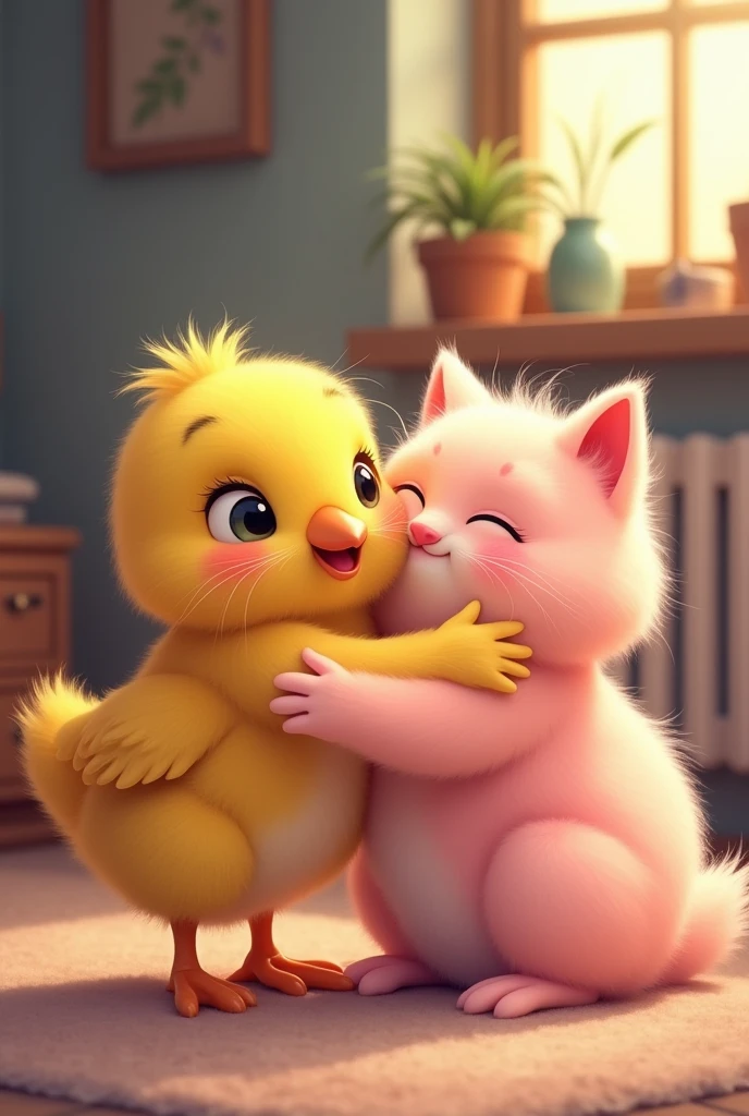 Colored chick hugging a pink cat
