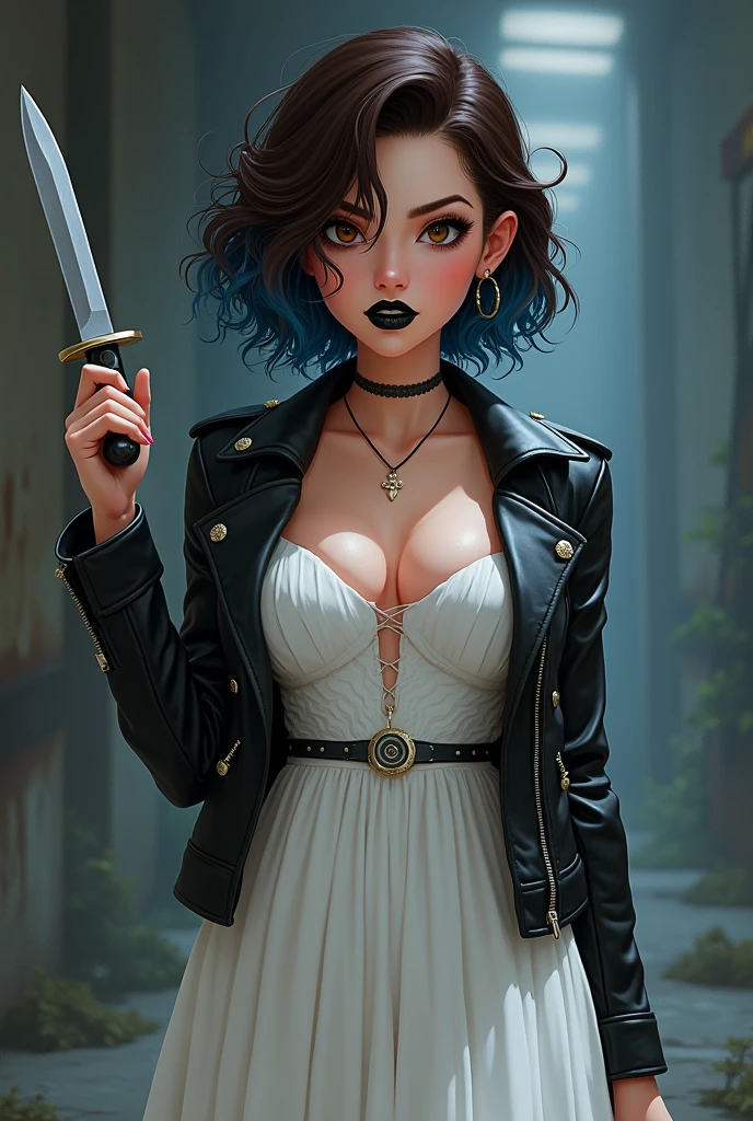 ((art animation 2D)) 20 year old woman with short wavy brown hair with dark blue dyed tips, with black lipstick and dark makeup, Brown eyes, with good body, wearing a wedding dress with a leather jacket, holding a knife