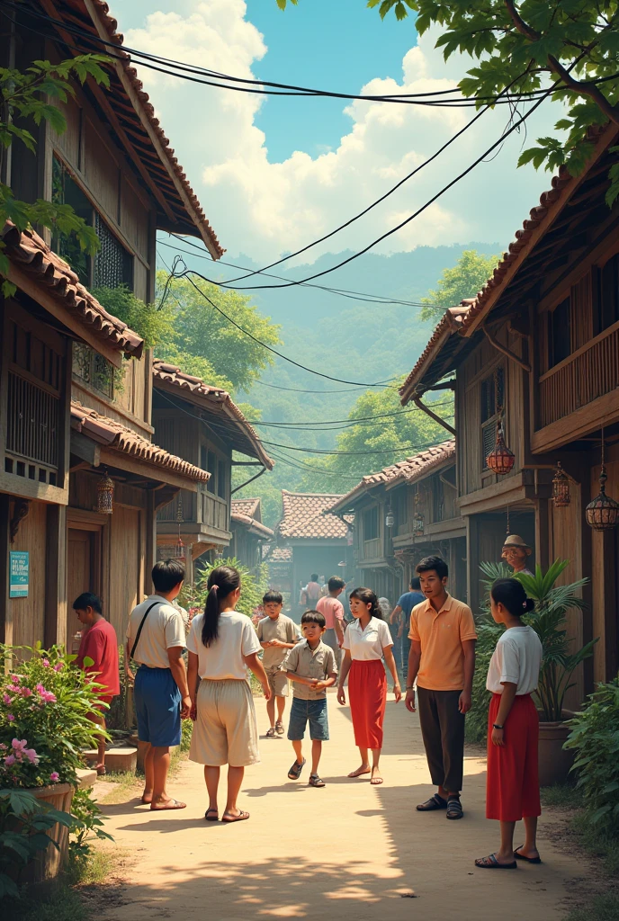 Create a front page magazine for me wrote ( AI COLLECTION) background people young old kids together background old Malay village