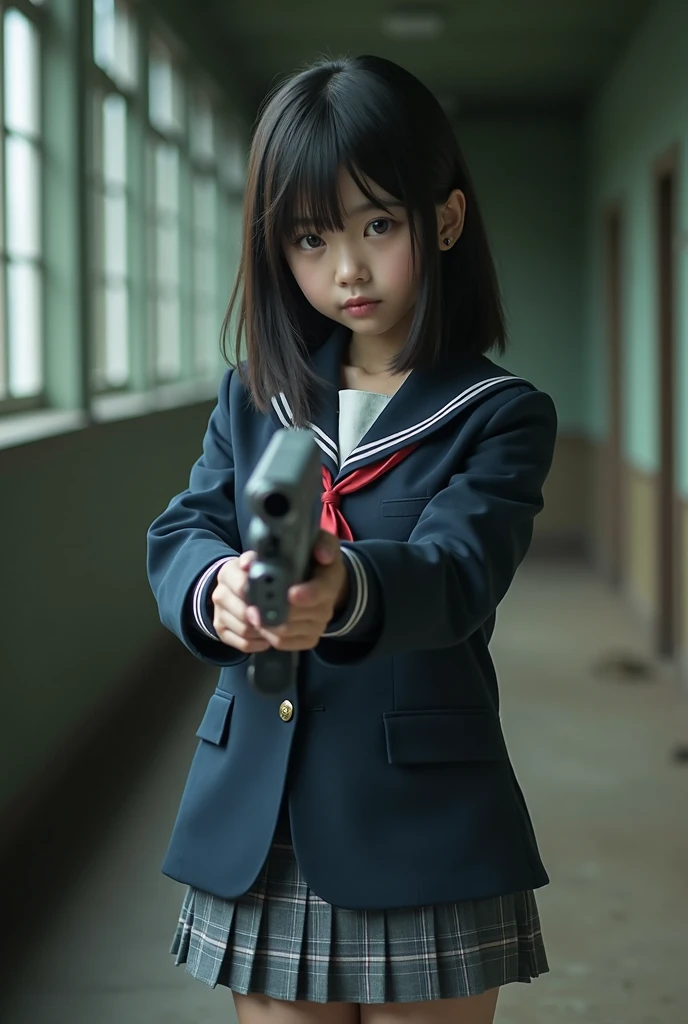 Ultra-realistic, Wide Shot, 1 person, Japanese schoolgirl, Straight medium hair, A navy blue blazer with a red ribbon tie over a white dress shirt, Checked mini skirt, white calf, Have a machine gun、The gun is pointing this way, Kimura Fumino, Bokeh effect, Depth of written boundary, Ultra-realistic, Professional photography, Movie lightingThis image is、Sailor suit,She is wearing black knee socks and high heels.,Big guns,The gun is silver、She holds it firmly with both hands。Her expression was serious and、His gaze is fixed on me.,Overall image,indoor,Abandoned house,Abandoned Factory,