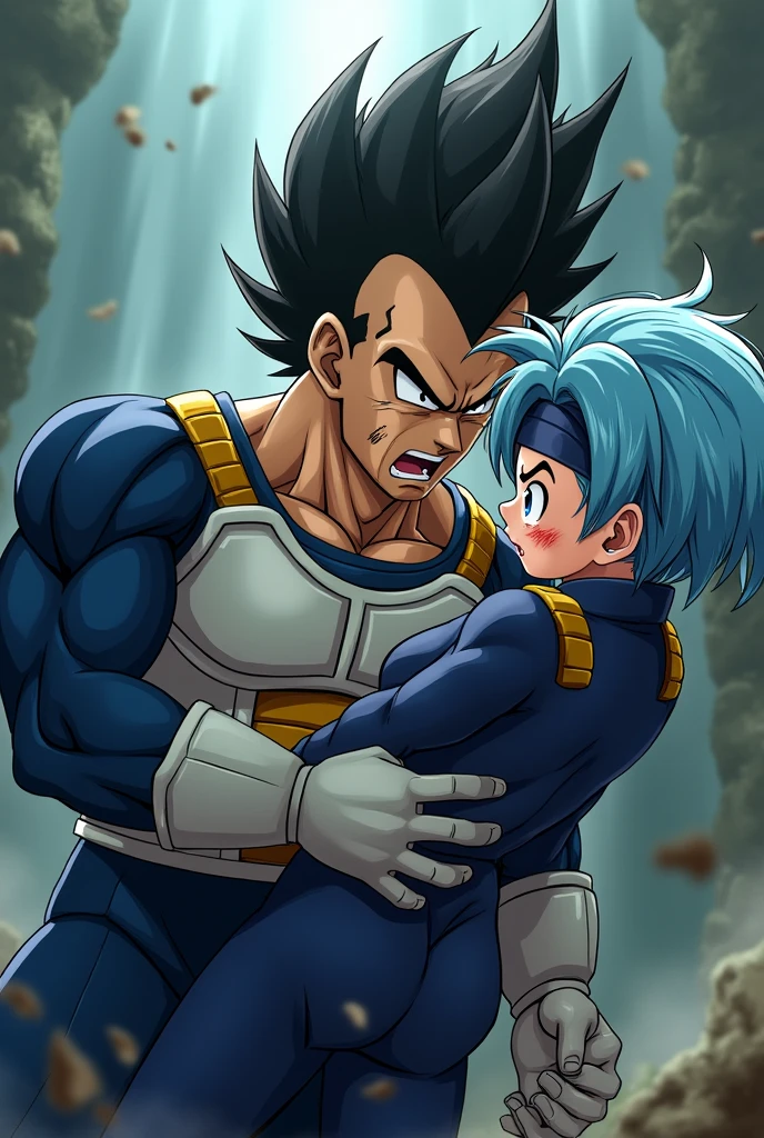 Vegeta's hair is standing on end. He was wearing a dark blue suit and on top of it the typical armor that Saiyans wear. against her daughter Bura, right, Dragon Ball GT Bura, girl with light blue hair, blue eyes, dark blue suit, typical armor used by Saiyans, loose hair, bangs, headband, hurt, blood, wounded, pain, blood in the mouth , torn clothes, father and daughter.