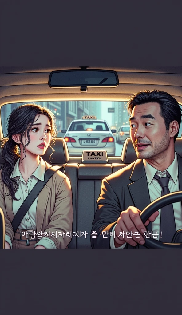 Inside a Korean taxi, a young female traveler is sitting in the back seat, talking to the male driver in the front seat. The woman looks anxious as she speaks to the driver. Outside the taxi window, the scenery of Haeundae is visible