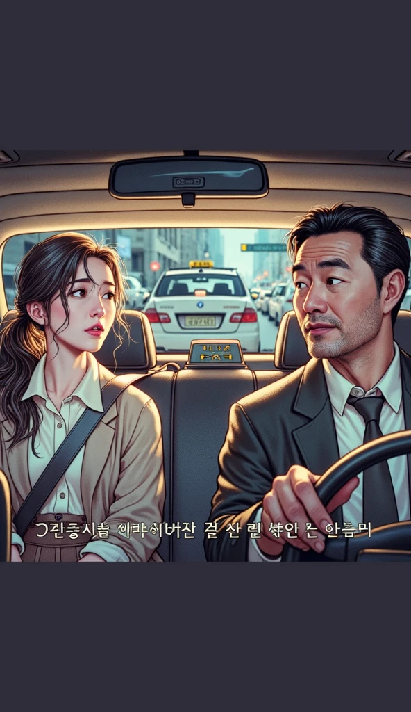 Inside a Korean taxi, a young female traveler is sitting in the back seat, talking to the male driver in the front seat. The woman looks anxious as she speaks to the driver. Outside the taxi window, the scenery of Haeundae is visible