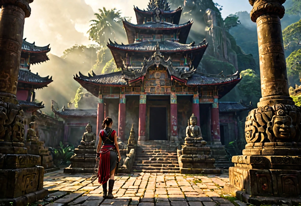 Aubrey Plaza, dungeon explorer outfit, whip on hip, pistol on hip, hair in ponytail, heavy boots, examining glyphs on Buddha statue, vine infested ancient temple, ultra-detailed, (best quality,4k,8k,highres,masterpiece:1.2),ultra-detailed,(realistic,photorealistic,photo-realistic:1.37),HDR,UHD,studio lighting,ultra-fine painting,sharp focus,physically-based rendering,extreme detail description,professional,vivid colors,bokeh,cinematic lighting,dramatic lighting,moody lighting,dark fantasy,ancient ruins,forgotten temple,mystical,occult,mysticism,archeology,exploration,adventure