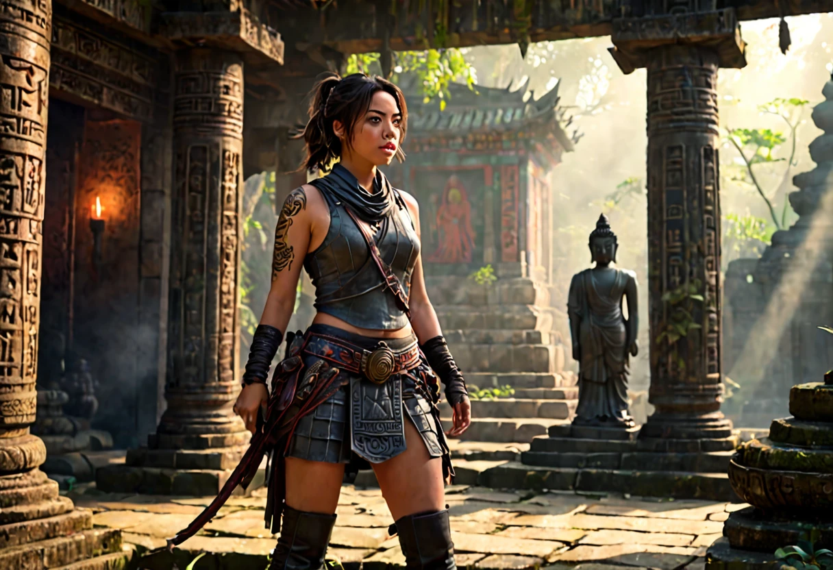 Aubrey Plaza, dungeon explorer outfit, whip on hip, pistol on hip, hair in ponytail, heavy boots, examining glyphs on Buddha statue, vine infested ancient temple, ultra-detailed, (best quality,4k,8k,highres,masterpiece:1.2),ultra-detailed,(realistic,photorealistic,photo-realistic:1.37),HDR,UHD,studio lighting,ultra-fine painting,sharp focus,physically-based rendering,extreme detail description,professional,vivid colors,bokeh,cinematic lighting,dramatic lighting,moody lighting,dark fantasy,ancient ruins,forgotten temple,mystical,occult,mysticism,archeology,exploration,adventure