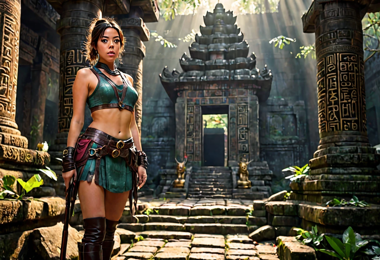 Aubrey Plaza, dungeon explorer outfit, whip on hip, pistol on hip, hair in ponytail, heavy boots, examining glyphs on Buddha statue, vine infested ancient temple, ultra-detailed, (best quality,4k,8k,highres,masterpiece:1.2),ultra-detailed,(realistic,photorealistic,photo-realistic:1.37),HDR,UHD,studio lighting,ultra-fine painting,sharp focus,physically-based rendering,extreme detail description,professional,vivid colors,bokeh,cinematic lighting,dramatic lighting,moody lighting,dark fantasy,ancient ruins,forgotten temple,mystical,occult,mysticism,archeology,exploration,adventure