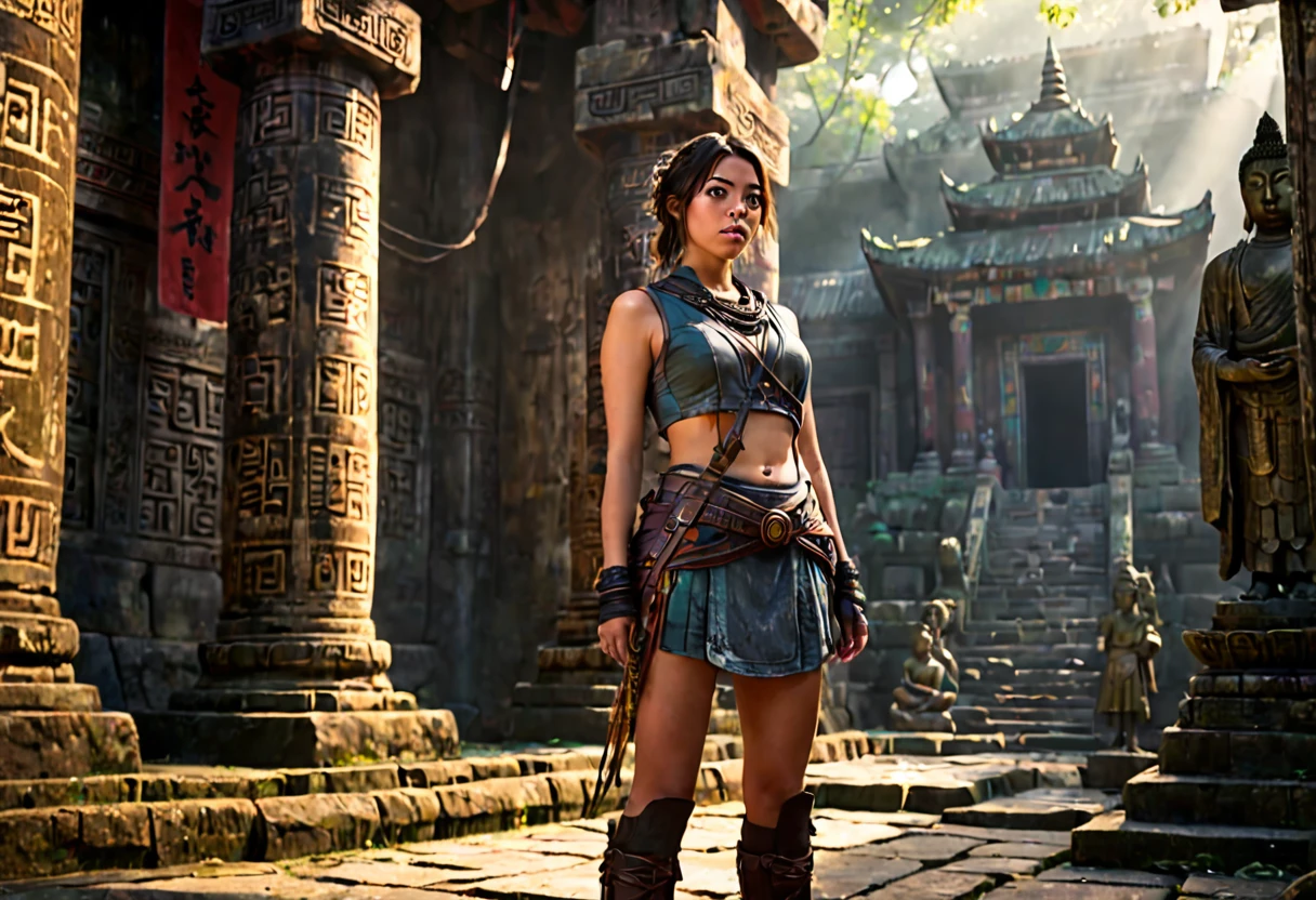 Aubrey Plaza, dungeon explorer outfit, whip on hip, pistol on hip, hair in ponytail, heavy boots, examining glyphs on Buddha statue, vine infested ancient temple, ultra-detailed, (best quality,4k,8k,highres,masterpiece:1.2),ultra-detailed,(realistic,photorealistic,photo-realistic:1.37),HDR,UHD,studio lighting,ultra-fine painting,sharp focus,physically-based rendering,extreme detail description,professional,vivid colors,bokeh,cinematic lighting,dramatic lighting,moody lighting,dark fantasy,ancient ruins,forgotten temple,mystical,occult,mysticism,archeology,exploration,adventure